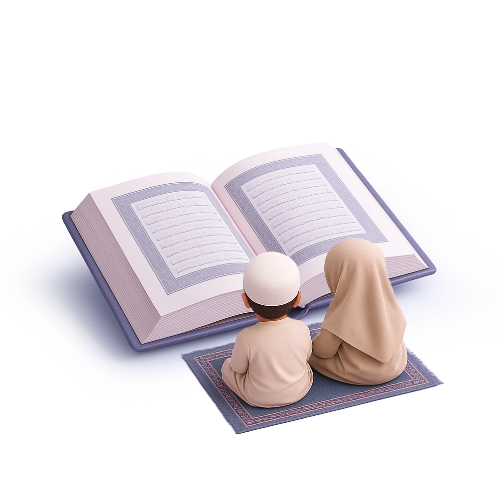 Illustration 3D d’un Coran violet posé sur un lutrin en bois décoratif assorti.